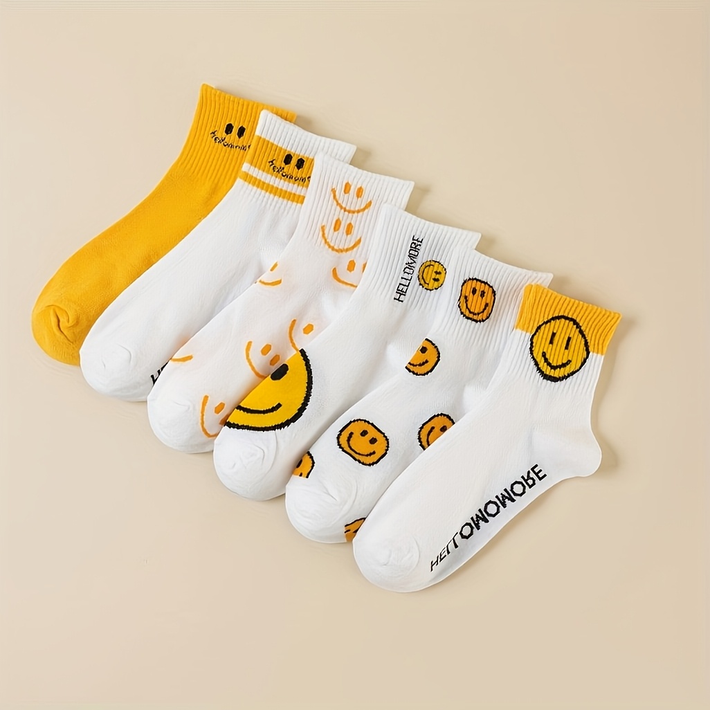 6 Pairs Of Cute White Mid-calf Sports Socks For Women