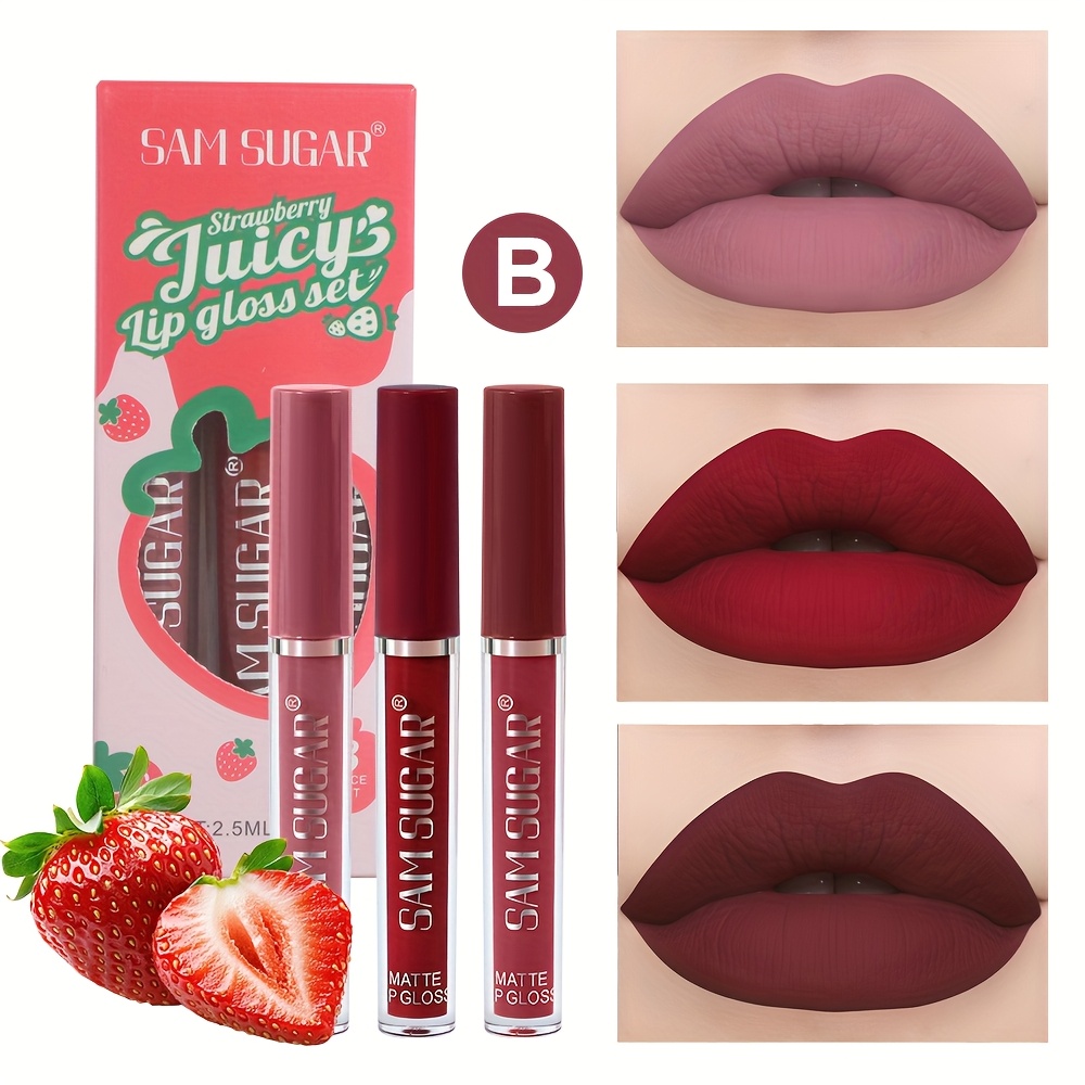 Image of 3pcs Matte Cup Long-lasting Fruit Flavor Lipstick Lip Gloss, Watermelon Fruit Scent Long-wear, Date Party Waterproof Not Eating Drinking Swimming Summer Sweat-proof Lipstick Lip Tint