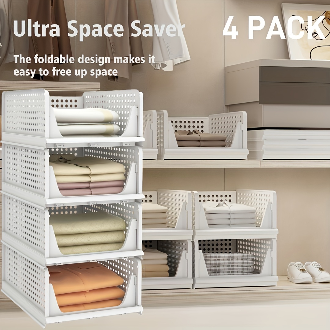 

4pcs Stackable Plastic Closet Organizer Bins, Freestanding Foldable Storage Containers, White, Weather-resistant, Lightweight, With Under 3.2 Cubic Feet Capacity, Over 27 Inches Tall