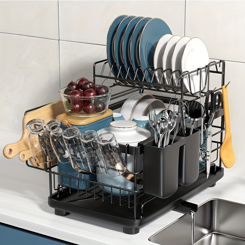2 tier dish drying rack with draining board utensil holder cutting board cup rack   hooks suitable for kitchen countertops rust proof large capacity dish drainer black Product details 1