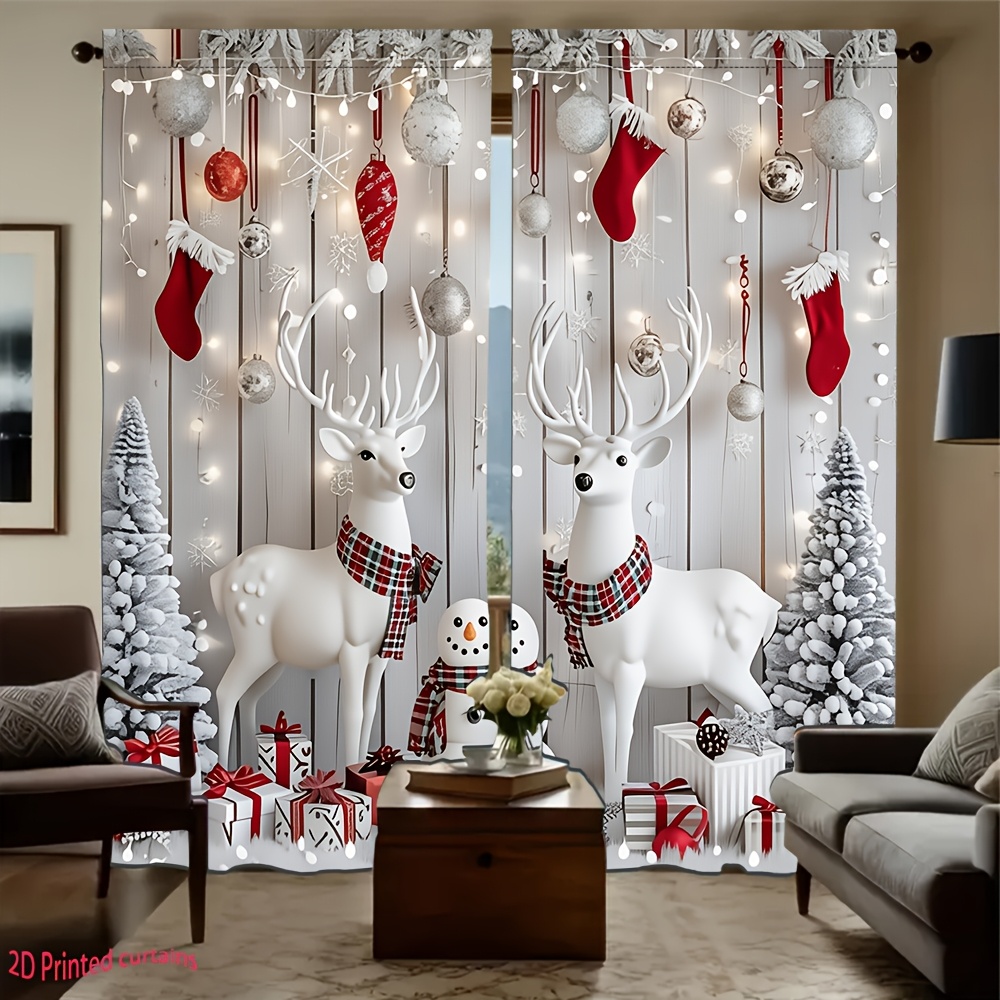 TEMU 2d Flat, [2d Flat Print] 2pcs Christmas Decoration Reindeer Snowman Gift Decorative Curtain, Wear Rod Easy To Hang, Suitable For Living Room,