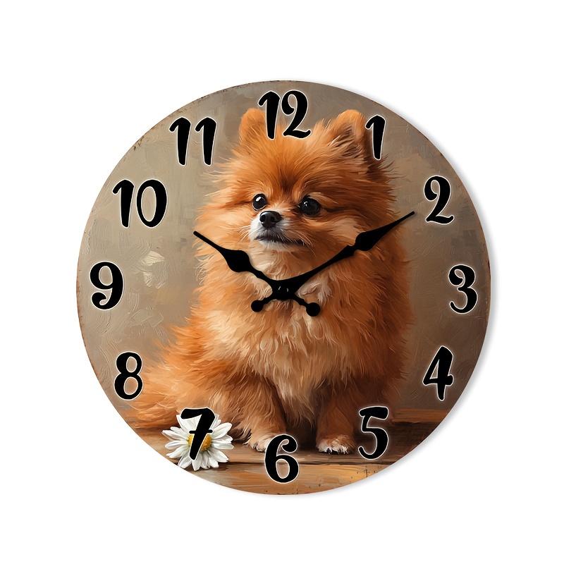 TEMU 1pc Silent Wall Clock Non-ticking Wooden, Decorative Circular Clock Pomeranian Dog Face With For Bedroom, Dining Room, Entryway, Lounge, Reading