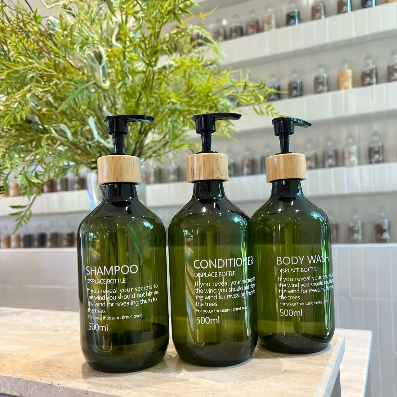 TEMU 3 bouteilles distributeurs à pompe naturelles - Plastique et , adaptées pour shampoing, après-shampoing, gel douche - Contenants rechargeables