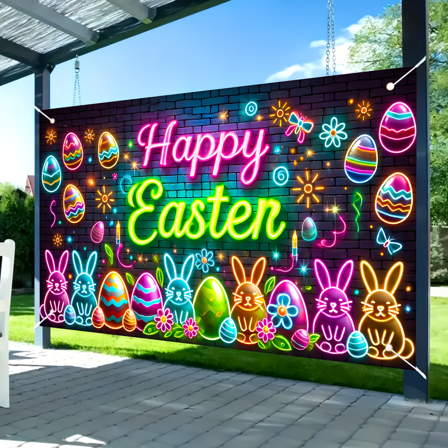 

Large Neon Easter Bunny & Egg Banner - Vibrant Text, 70.87x43.31 Inches, Polyester, Ideal For Outdoor Celebrations & Party Photography Props, Bunny Accessories