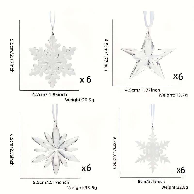 Image of 2d Flat, 24pcs Transparent Acrylic Snowflake Hanging Ornaments - Classic Elegant Design, Ceiling & Tree Decor For Christmas, New Year, Indoor Holiday Party - No Electricity Needed