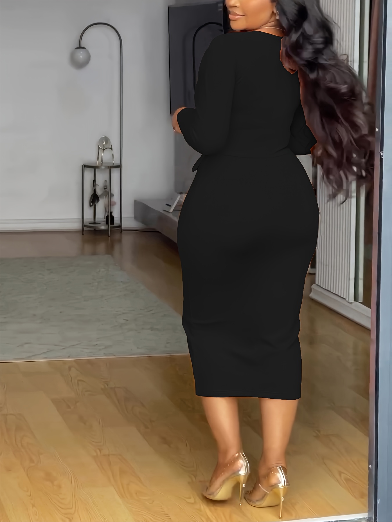black v neck bodycon dress long sleeve Diva Energy Long Sleeve Mini Dress Black main image 0