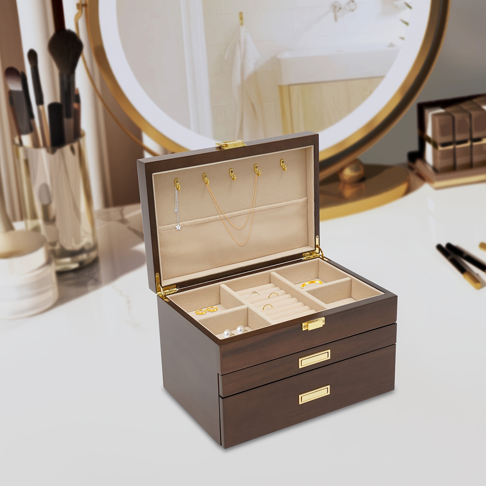 

Large Wooden Jewelry Storage Box 3 Layers Organizer 2 Drawers Cabinet Gift