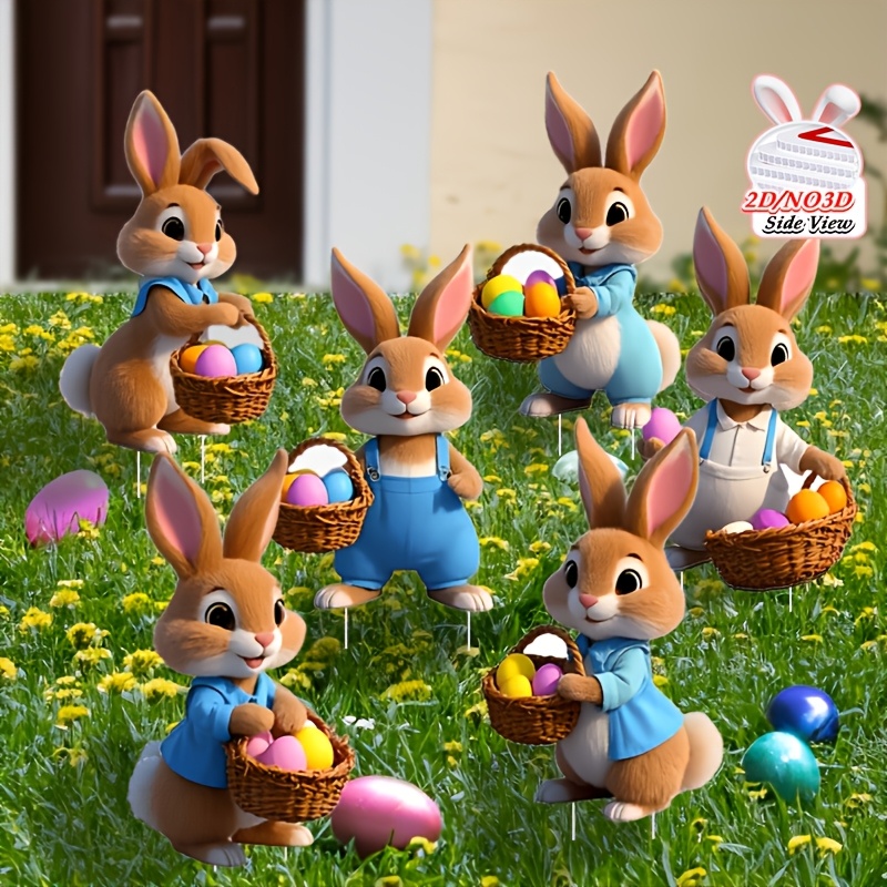 [2d Flat] 2d Flat, Easter Decorations Outdoor, 6pcs Easter Bunny Decor, Easter Yard Stakes With Bunny Egg Carrot, Outdoor Easter Decor For Party Supplies Prop Patio Lawn, 2d Flat