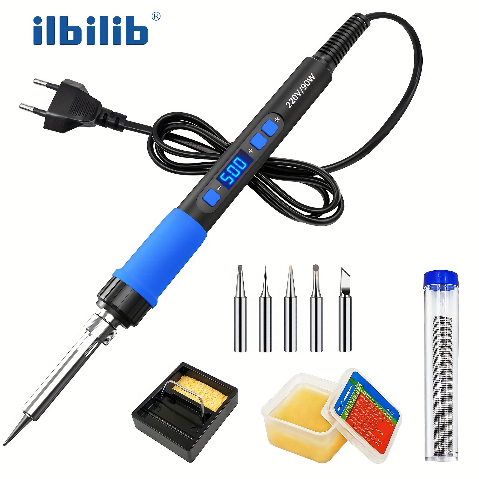 

Ilibilib 220v 90w Lcd Digital Soldering Iron Kit With Adjustable Temperature 180-500°c, Fast Heating, Smart Welding Tool Set, Non-slip Plastic Handle, Plug, For Diy Repair - Blue