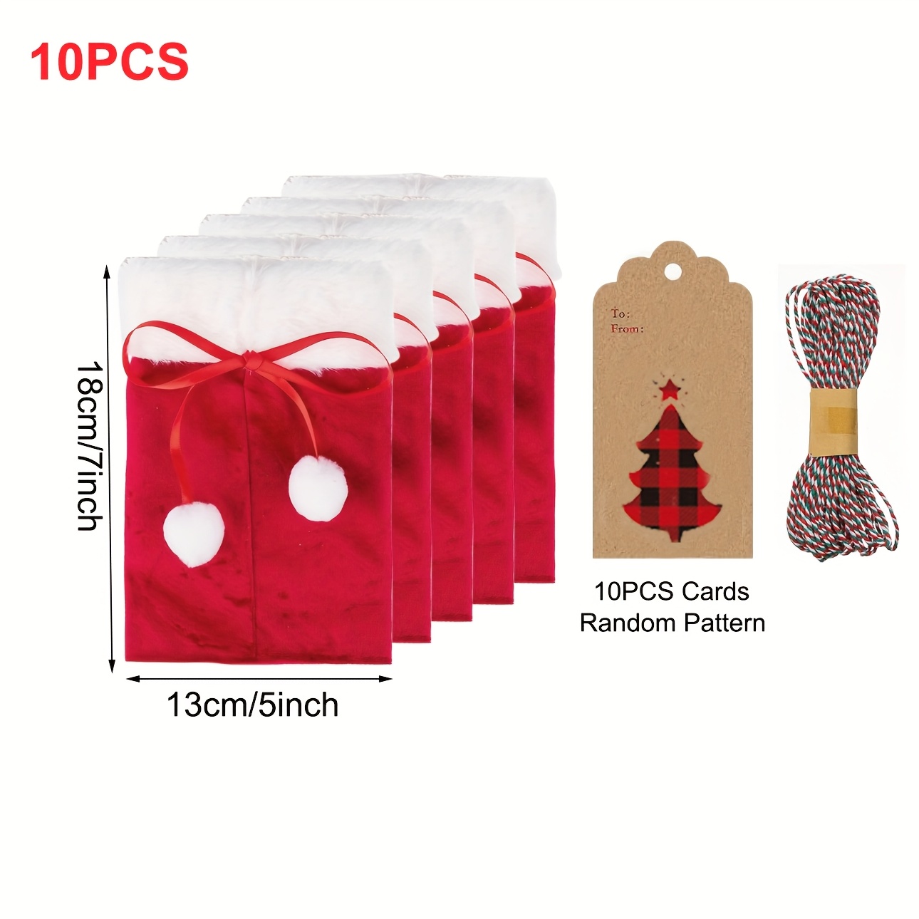 Image of Gift For Her/him 10pcs Red Velvet Drawstring Candy Gift Bags With White Poms Santa Gift Wrap Bags Small Santa Claus Sacks With Tags (random Pattern) And Rope For Xmas Present (4 X 6 Inch/5 X 7 Inch)