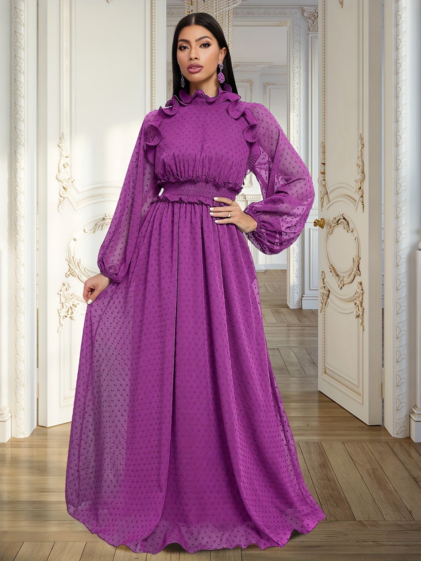 Purple Long Flowing Gowns Ombre Floral Soft Pleated Long Sleeve