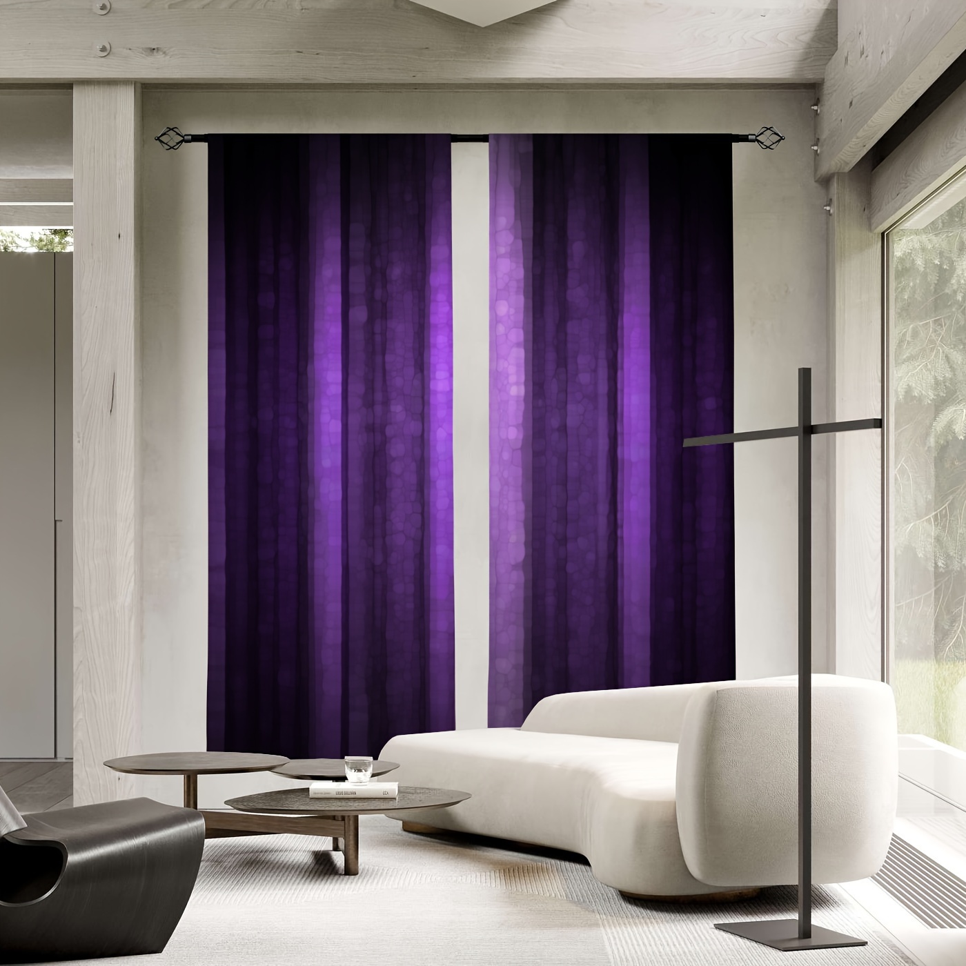 TEMU 2-pack Light Luxury Purple Printed Semi-transparent Curtains, Polyester Rod-pocket Decorative Curtains For Living Room, Game Room, Bedroom,