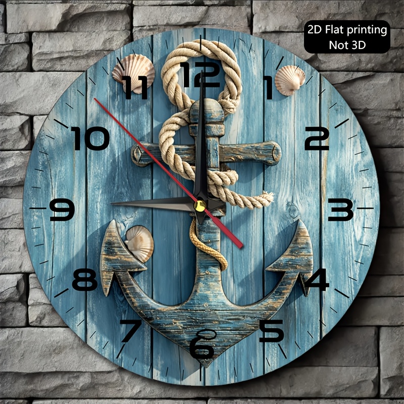 TEMU 1pc, 2d Flat Wall Clock, Blue Wooden Anchor With Rope And Seashells, Suitable For Living Room, Bedroom, Office, CafÃ©, Coastal Themed Space