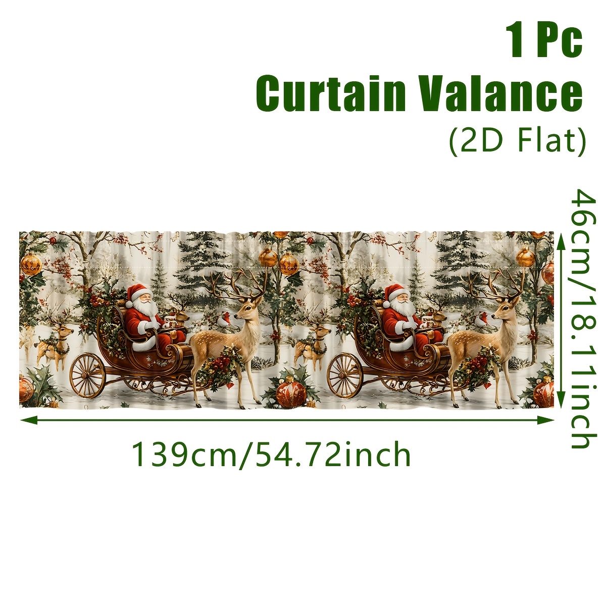 TEMU 2d Flat, 1pc 1pcs Vintage Christmas Valance Curtain With Filtering Window Drapes - Rod Pocket Suitable For Xmas Party Decor, Santa Reindeer Pine