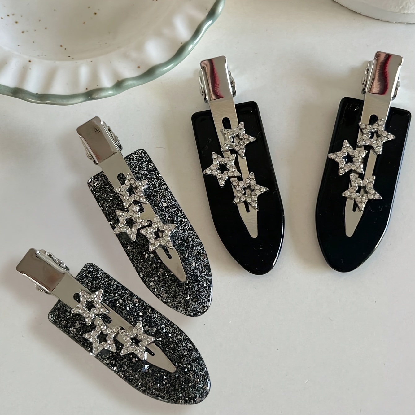 TEMU 4pcs Rhinestone Star Glitter Seamless Duckbill Clip Ladies Wearing Hair Additions Hairpin Fashion Side Clip, Bangs Clip Acetate High-quality