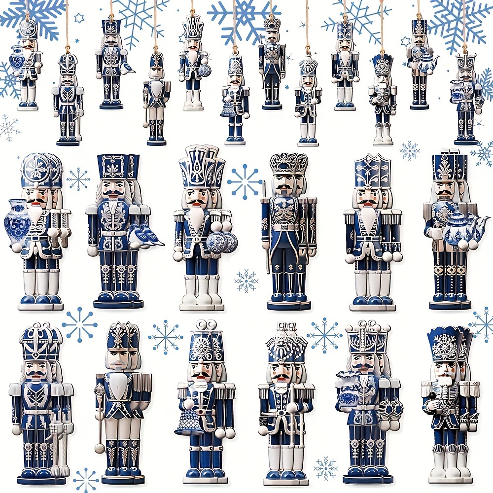 

12pcs/24pcs Nutcracker Soldiers, Blue And White Porcelain Wooden Ornaments, Christmas Decorations, Creative & Party Yard Wooden Hanging Decor, No Feather, No Power Needed