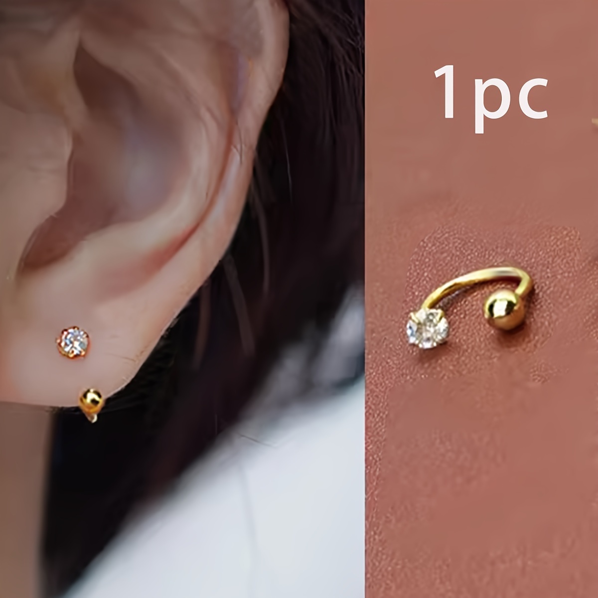 

1pc Elegant & Cute Plated Stainless Steel C-shaped Piercing Stud With Zirconia, Screw-back Helix Earring For Women