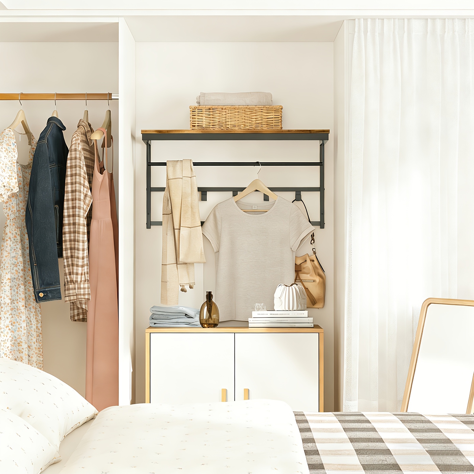 Image of A Wall-mounted Coat Rack With A Shelf, Equipped With 10 Hooks And A Rod, Measuring 80 X 30 X 42cm, Suitable For Corridors, Living Rooms, Bedrooms, Bathrooms, Industrial Style.