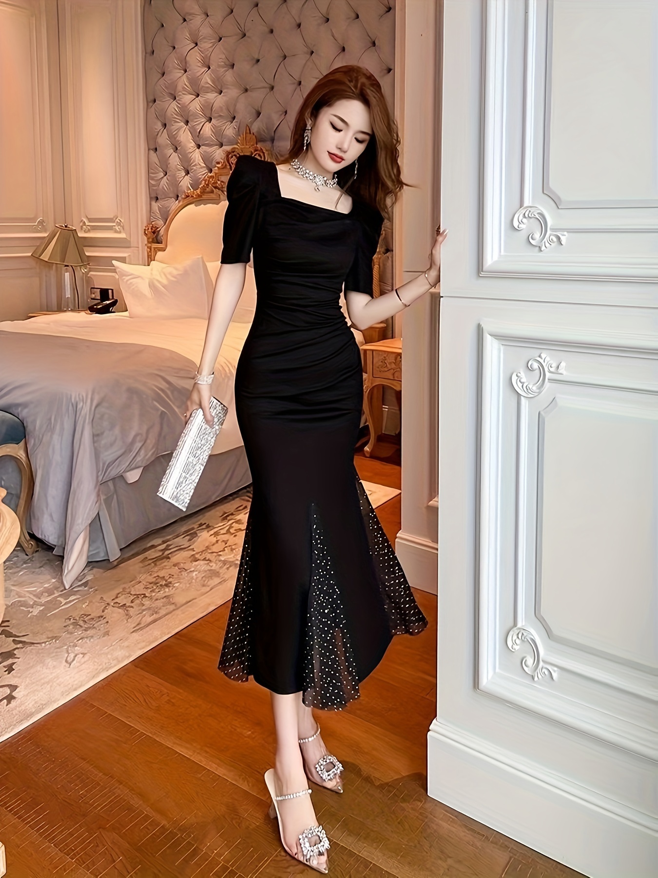 French Hepburn Style * Fishtail Dress 2024 * * Goddess Fan Light Luxury  Square Collar *