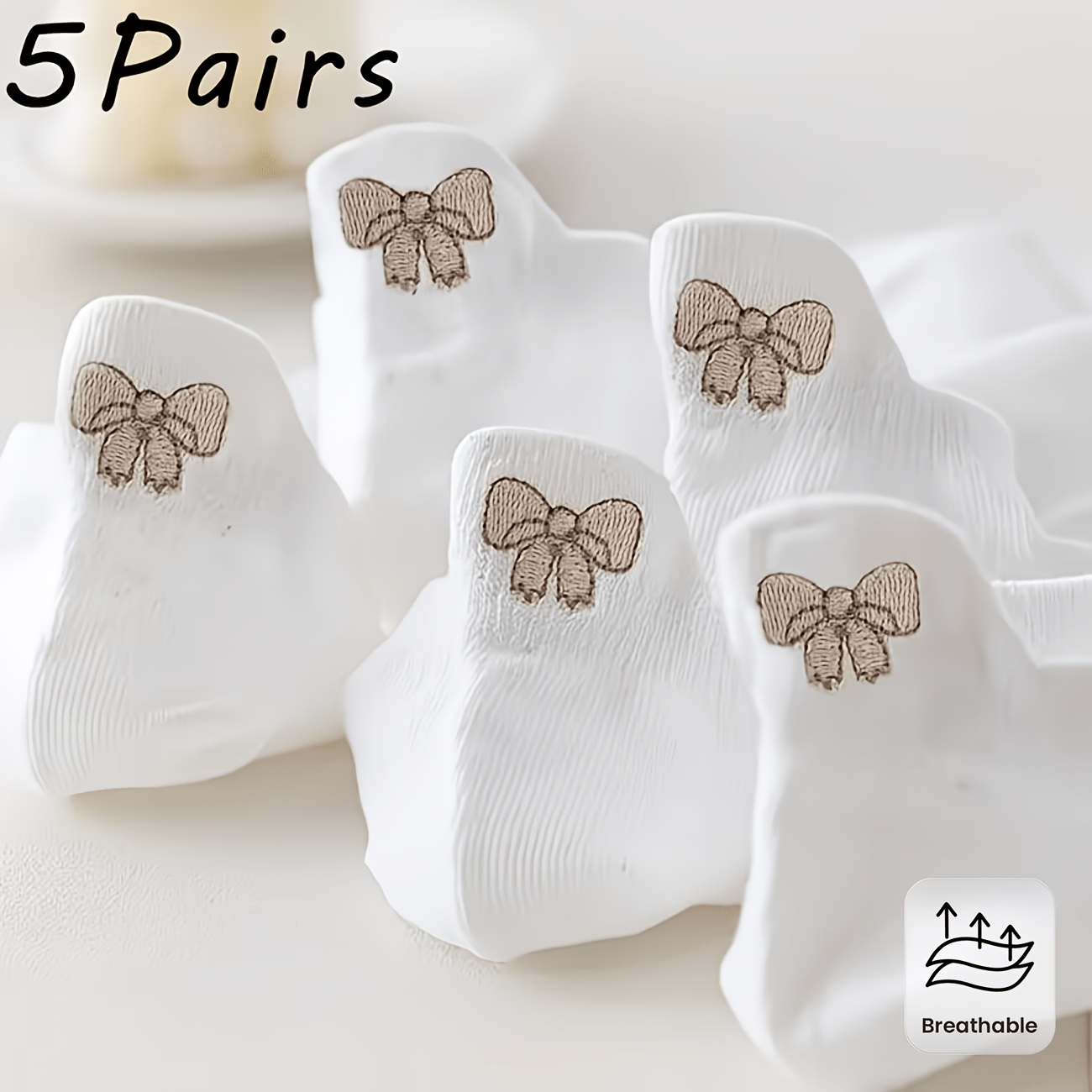 TEMU 5 Pairs Women's Socks Spring Summer Ladies Versatile White High Heel Embroidered Bow Comfortable Breathable Short Socks