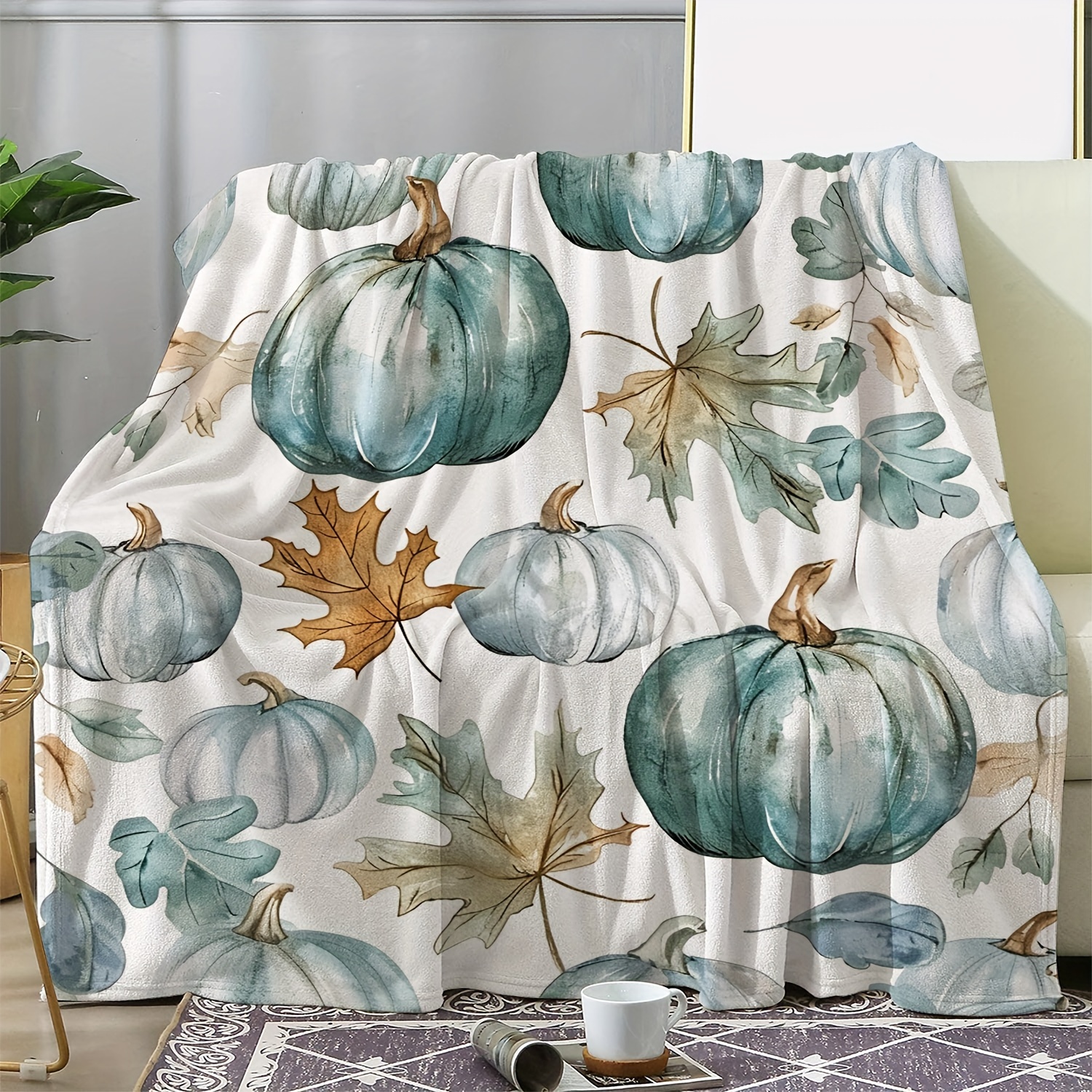 

Vintage Watercolor Pumpkin And Maple Leaf Print Throw Blanket - Soft And Cozy For All Seasons