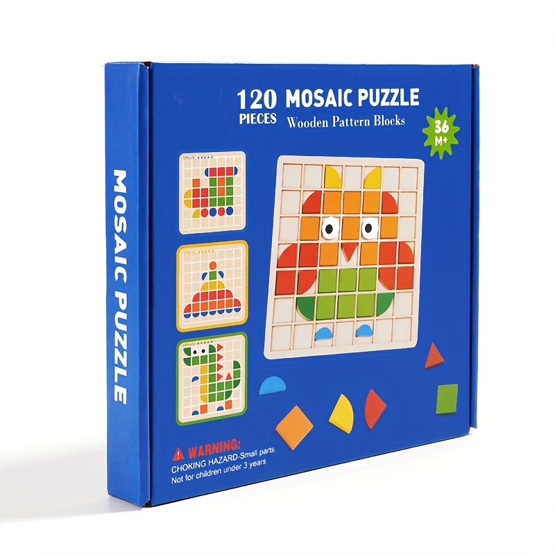 Image of 120pcs/set Wooden Mosaic Puzzle Toy, Kids' Wooden 3d Geometric Shape Jigsaw Puzzle Board Set, Toy