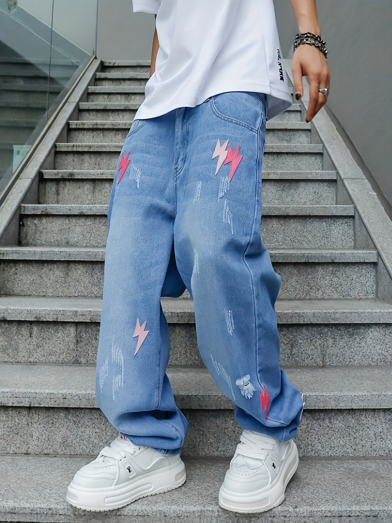 new mens denim long pants light blue loose fit non - Temu South Africa