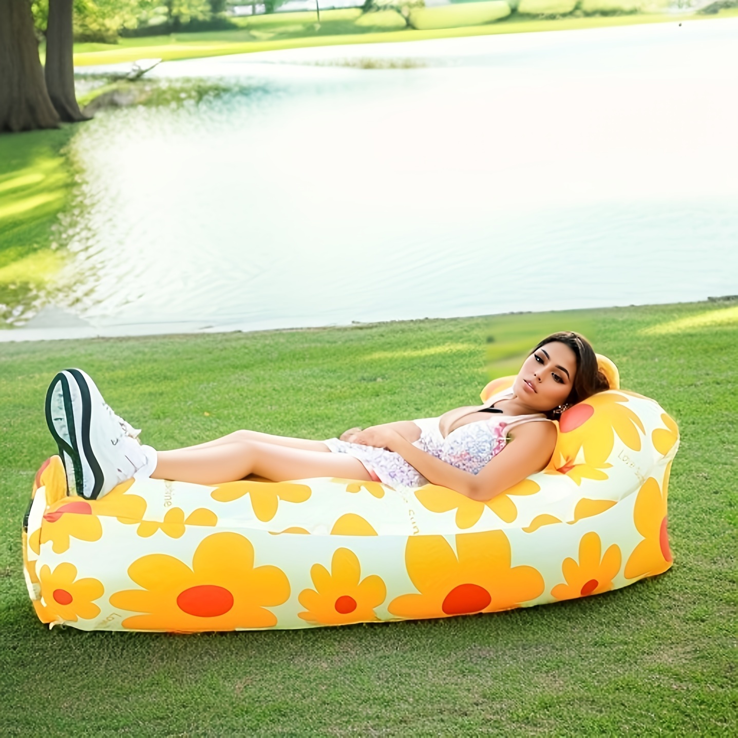 outdoor lazy inflatable sofa for nap beach chair portable air mattress for picnic camping inflatable mattress air bed for music festival sports & outdoors details 9
