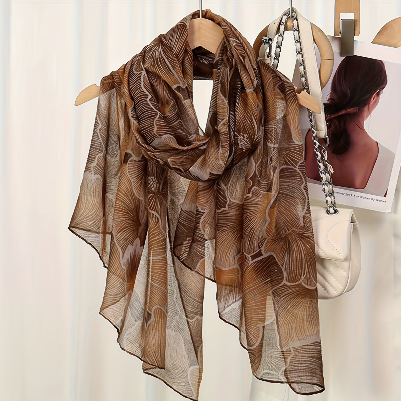 TEMU New Fashionable Soft Long Scarf, Bali Yarn Floral Print Shawl, Ethnic Autumn/winter Scarf, Vintage Artistic Thin Long Neck Scarf From