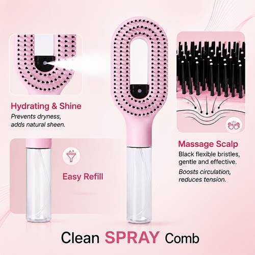 2 in 1 pink spray hair comb with water tank salon styling brush for hydrating detangling fine mist spray design for easy hair care scalp massage restoration portable lightweight hair styling tool for for daily home