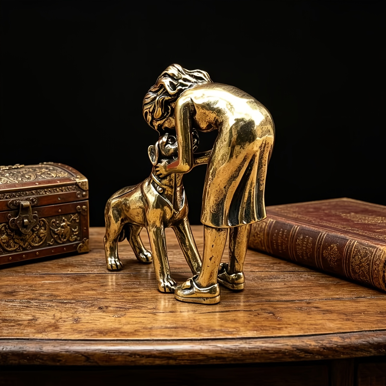 Image of Collectible Miniature Sculpture Ornament, Brass Woman Embracing Dog Ornament, Vintage Solid Memorial Enthusiast Collection, Metal Artist Home Decor, Handmade Metal Bookshelf Fun Ornament