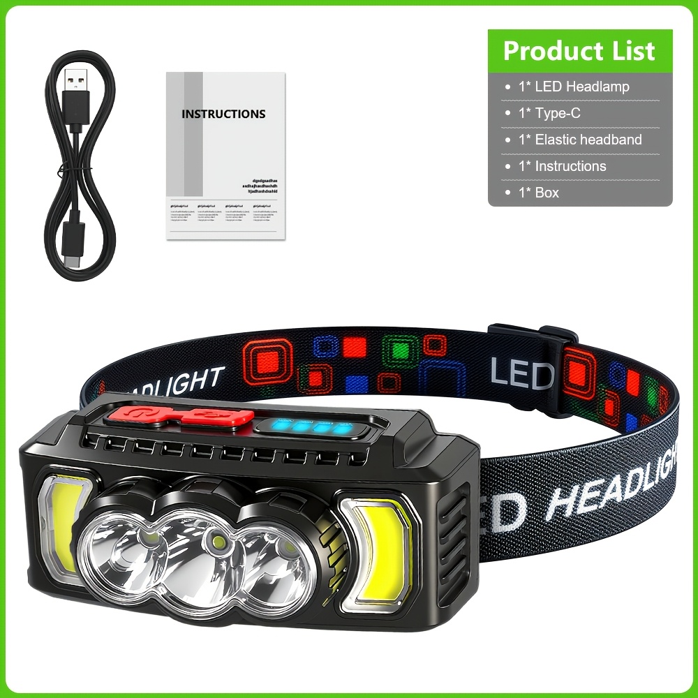 TEMU 1pc Double Row Lighting Headlight For Head Rechargeable, 7 Lighting Headlight For Head, Wide Angle , Lighting Area 5m, Type-c Charging Mode,