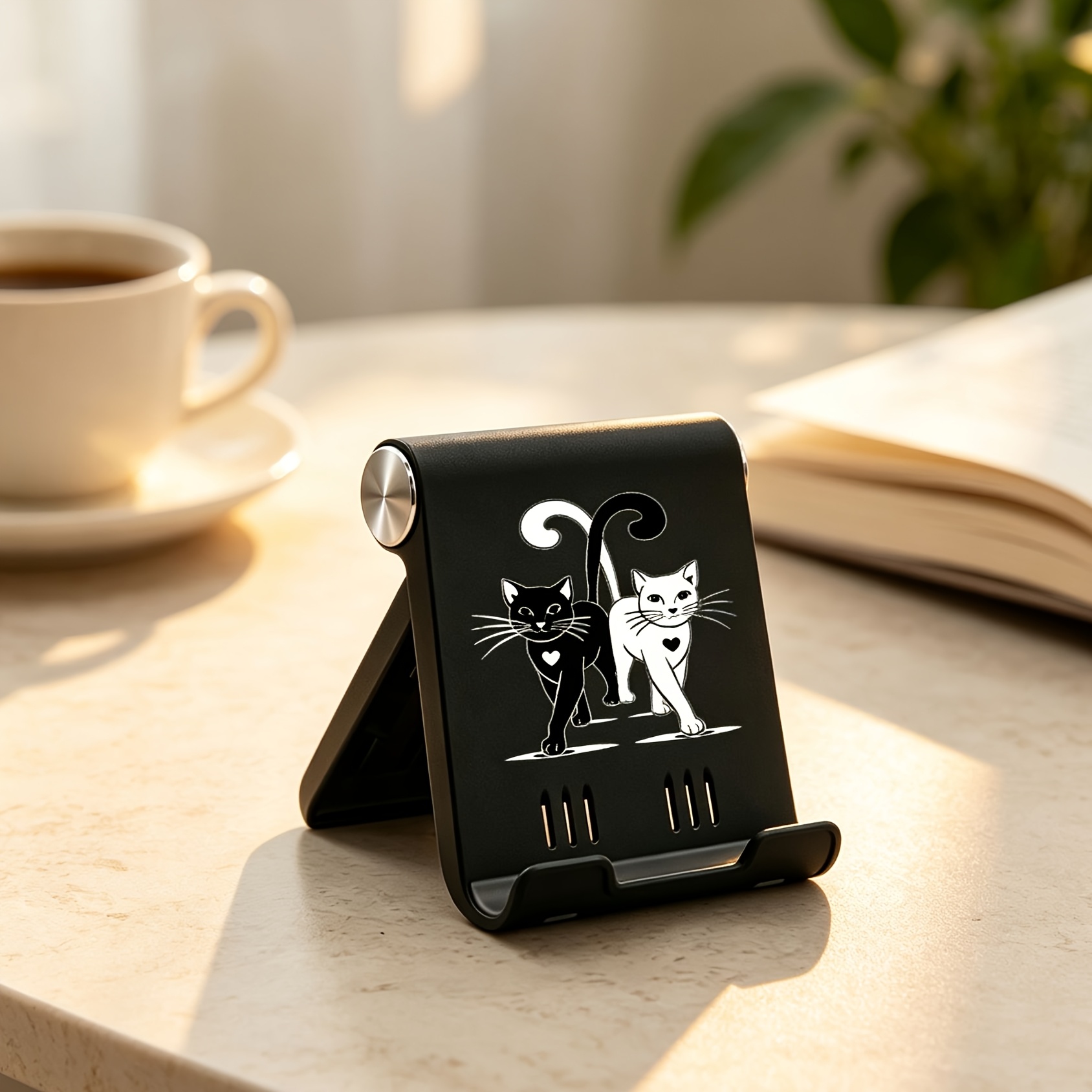 TEMU Cute Black & White Cat-themed Adjustable Phone & Tablet Stand With Non-slip Base - Desktop Holder Suitable For Bedside Tables, Travel, Office,