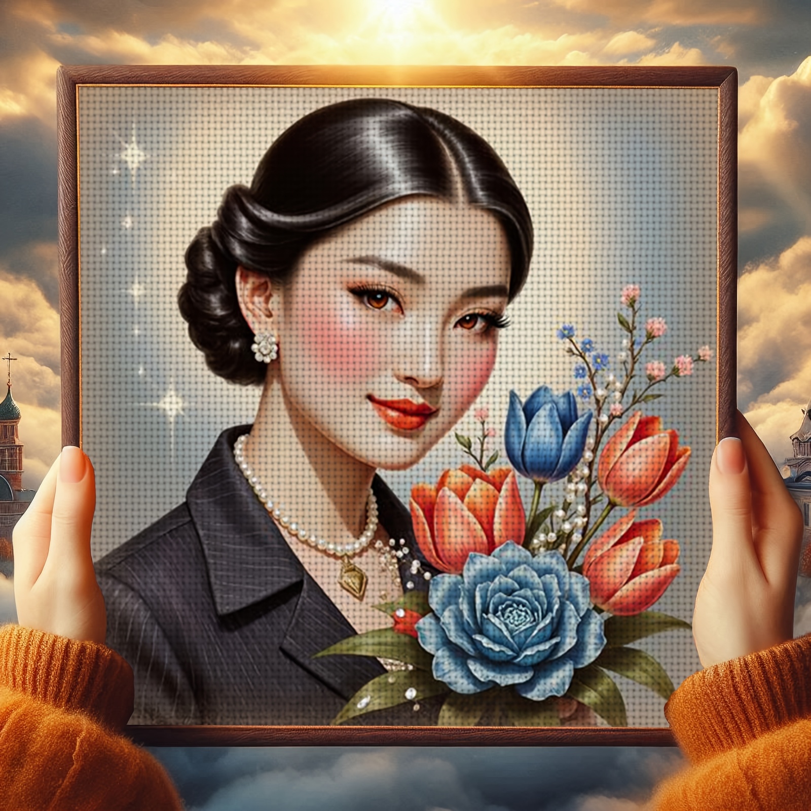 DIY Cross-stitch Printed Kit, Unframed, "Child Holding a Bouquet" Pattern