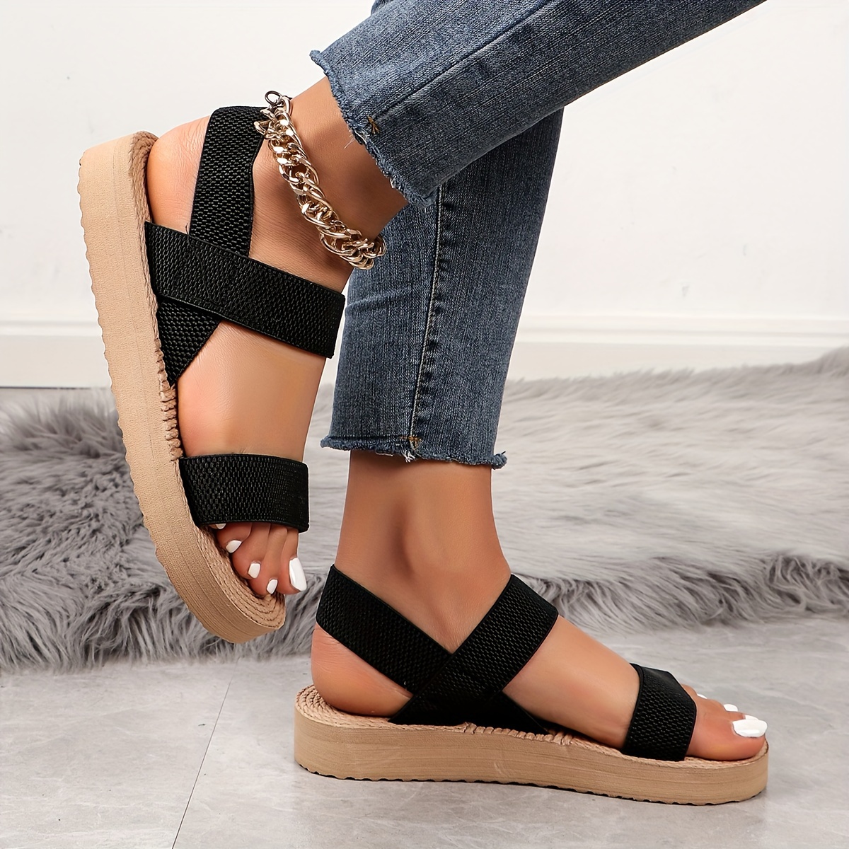 womens solid color casual sandals platform slip on summer non slip walking shoes   slingback shoes Product details 3