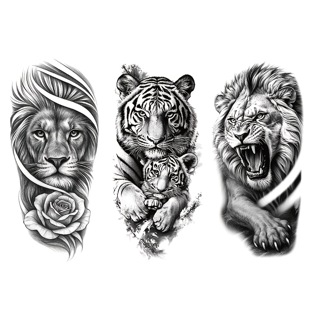 TEMU Lot de 3 autocollants de tatouages temporaires YOEMTAT Lion et Tigre réalistes pour hommes et femmes, art corporel imperméable avec lion