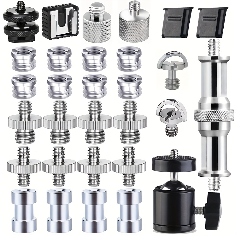 E-shop 30-teiliges, robustes Kamera-Stativ-Schraubenadapter-Set aus Kohlenstoffstahl mit 1/4-3/8-Gewindekonverter, Kugelkopf-Schwenkhalterung,