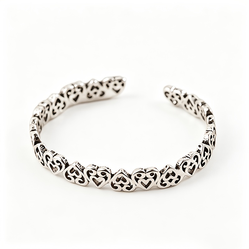 Retro Trendy S925 Silver Open Bangle, Hollow Heart Shape, Suitable For Daily Wear And Parties, Ideal Gift For Lovers On Festivals