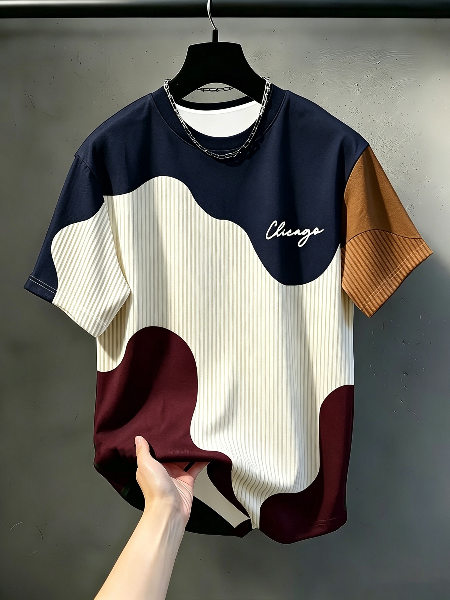 item picture mens casual round neck t shirt geometric pattern   striped design chicago word pattern drapey fashion top   wear breathable regular fit for casual and formal outfits round neck casual shirt comfortable wear