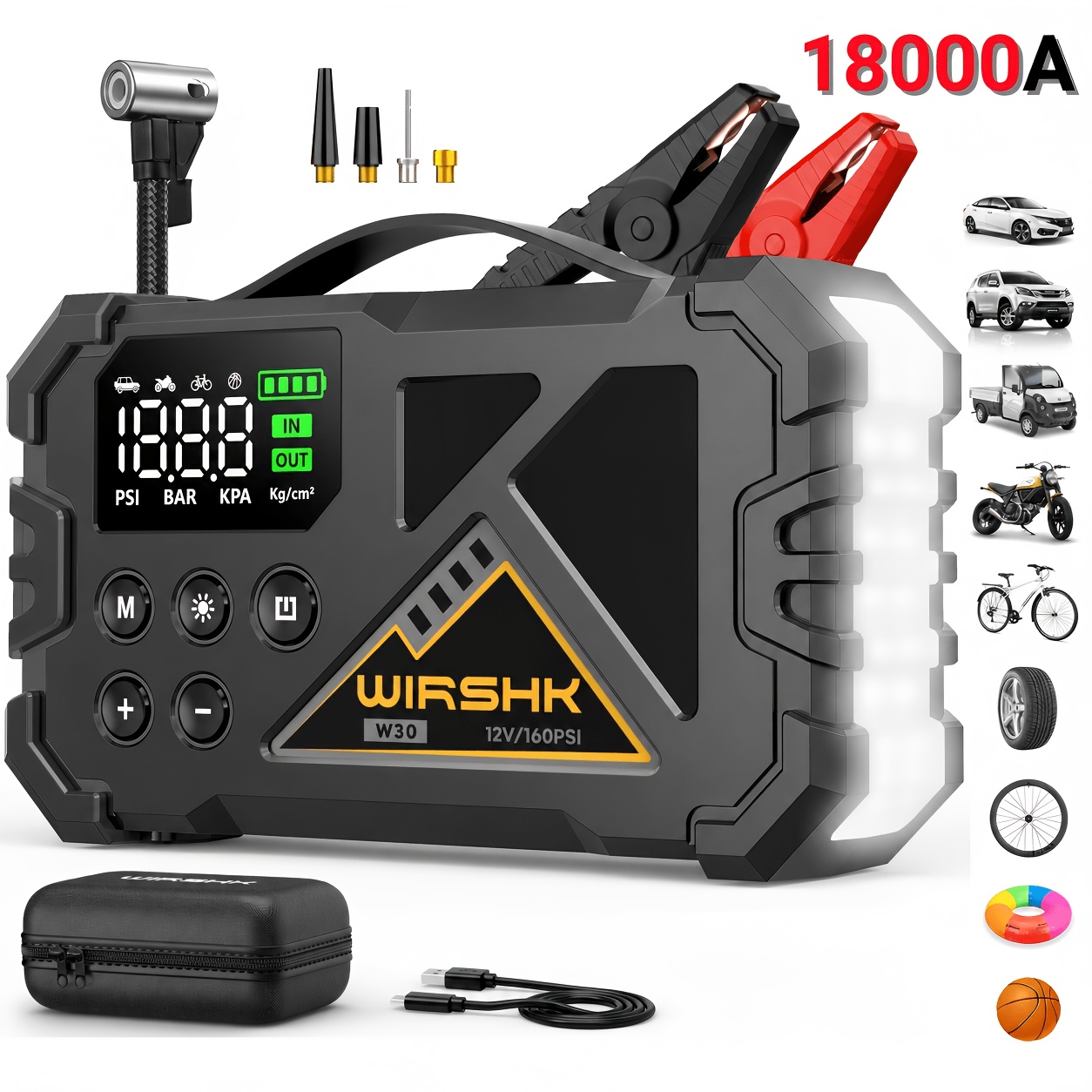 TEMU Avviatore di Emergenza per Auto con Compressore d'Aria 160PSI, Booster Batteria 12V per Motori a Benzina/Diesel Fino a 10L con Display LCD,