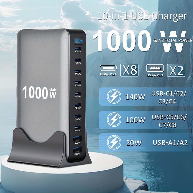 Latest 1000W USB C charger, single port up to 140W 10 port USB charger, laptop fast charger, PD power supply compatible with MacBook Pro/Or Air/Cell/Or iPhone/Or Galaxy/Or Portable/Tableta/Mobile