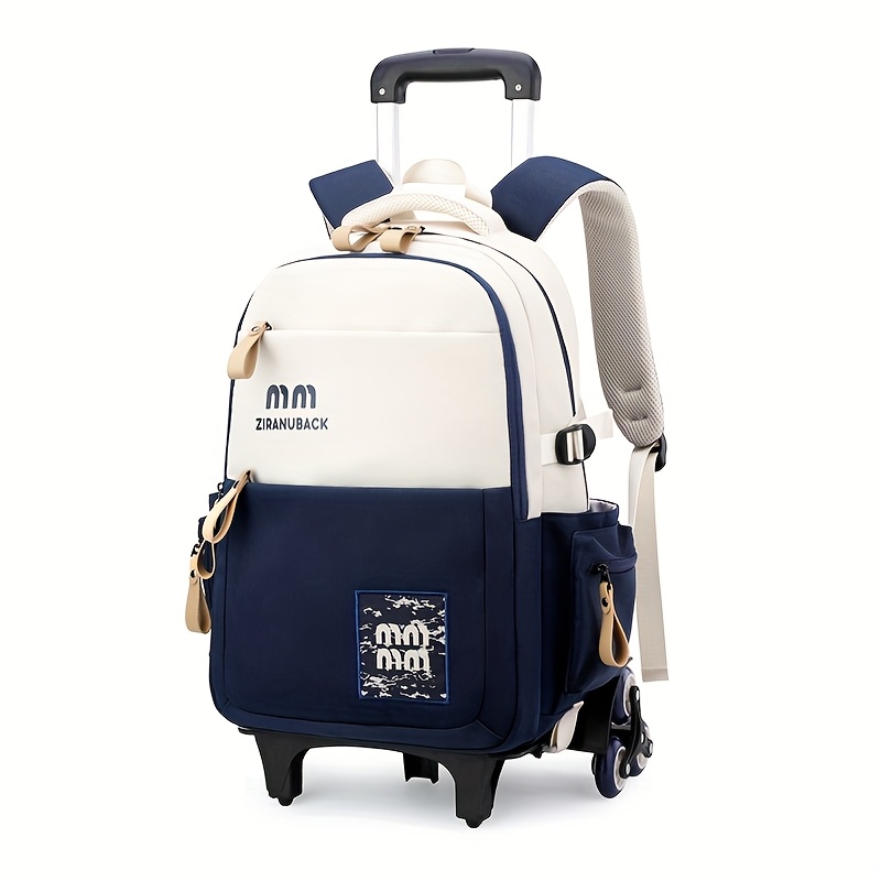 a single piece color block casual rolling backpack suitable for teenagers featuring a large capacity for daily student use   with a wheeled trolley for easier travel for teenager for teenager