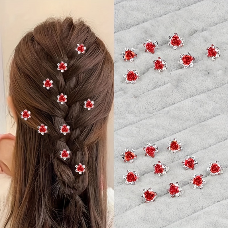 TEMU 10pcs Mini Exquisite Rhinestone Rose Flower Hair Clips, Suitable For Party Holiday Hair Styling, Perfect Gifts For Girls