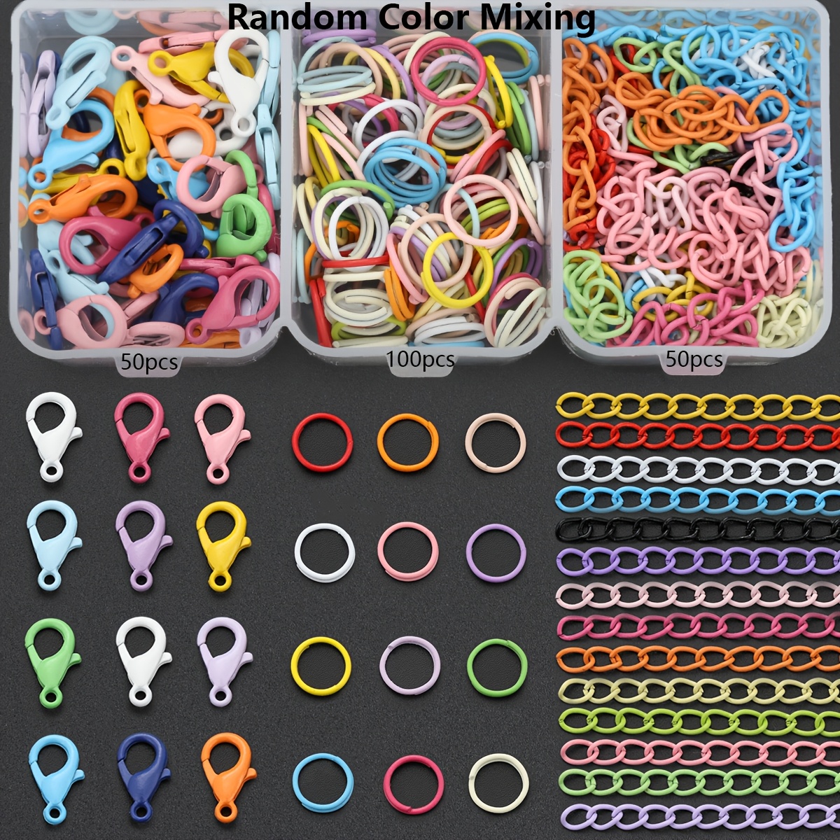 TEMU 200 pezzi/scatola Componenti per di portachiavi Colori misti casuali 50 pezzi di chiusure a moschettone in pezzi di catene di estensione e 100