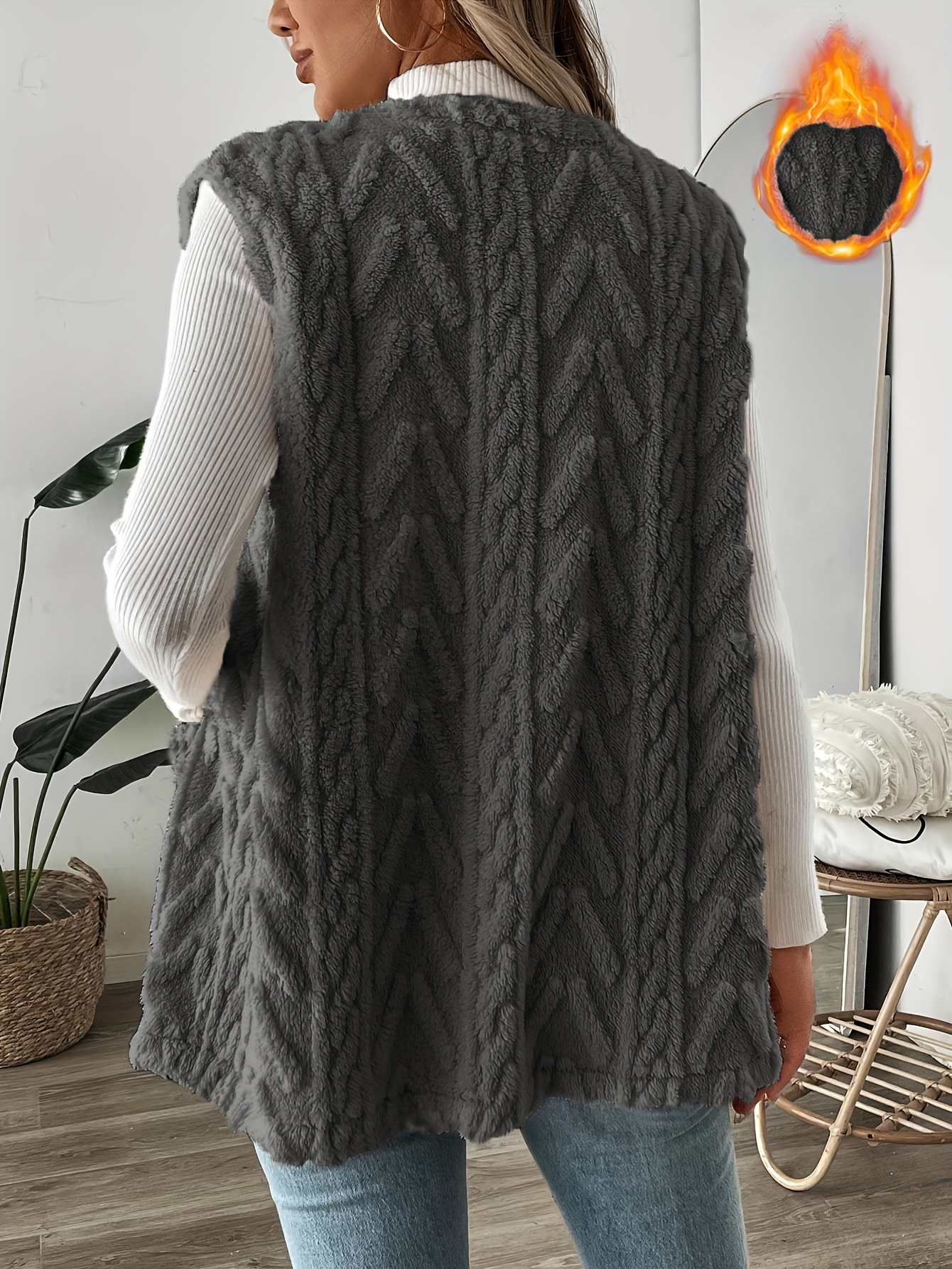 Textured Open Front Fuzzy Vest Coat, Elegant Sleeveless Warm Outerwear For  Fall Winter, Women's Clothing