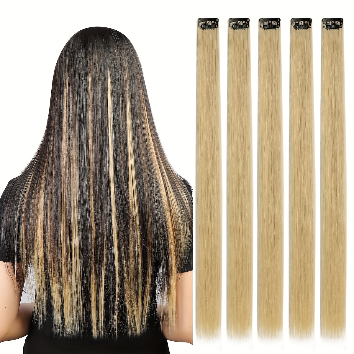 Image of 5pcs Pack Synthetic Wig Extension Pieces, Hair Clips For Increasing Women's Hair Color, Random 10 Colors Including Red, Orange, Blue, Purple, Green, White, Burgundy
