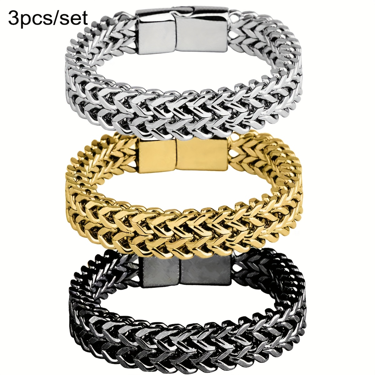 TEMU 3pcs/set Stainless Steel Braided Bracelets, Hip Hop Style, Ideal For Daily Wear & Gift- On , Father's Day, Best Friendship Day - Golden, Black, Yellow, With Secure Clasp, For Men
