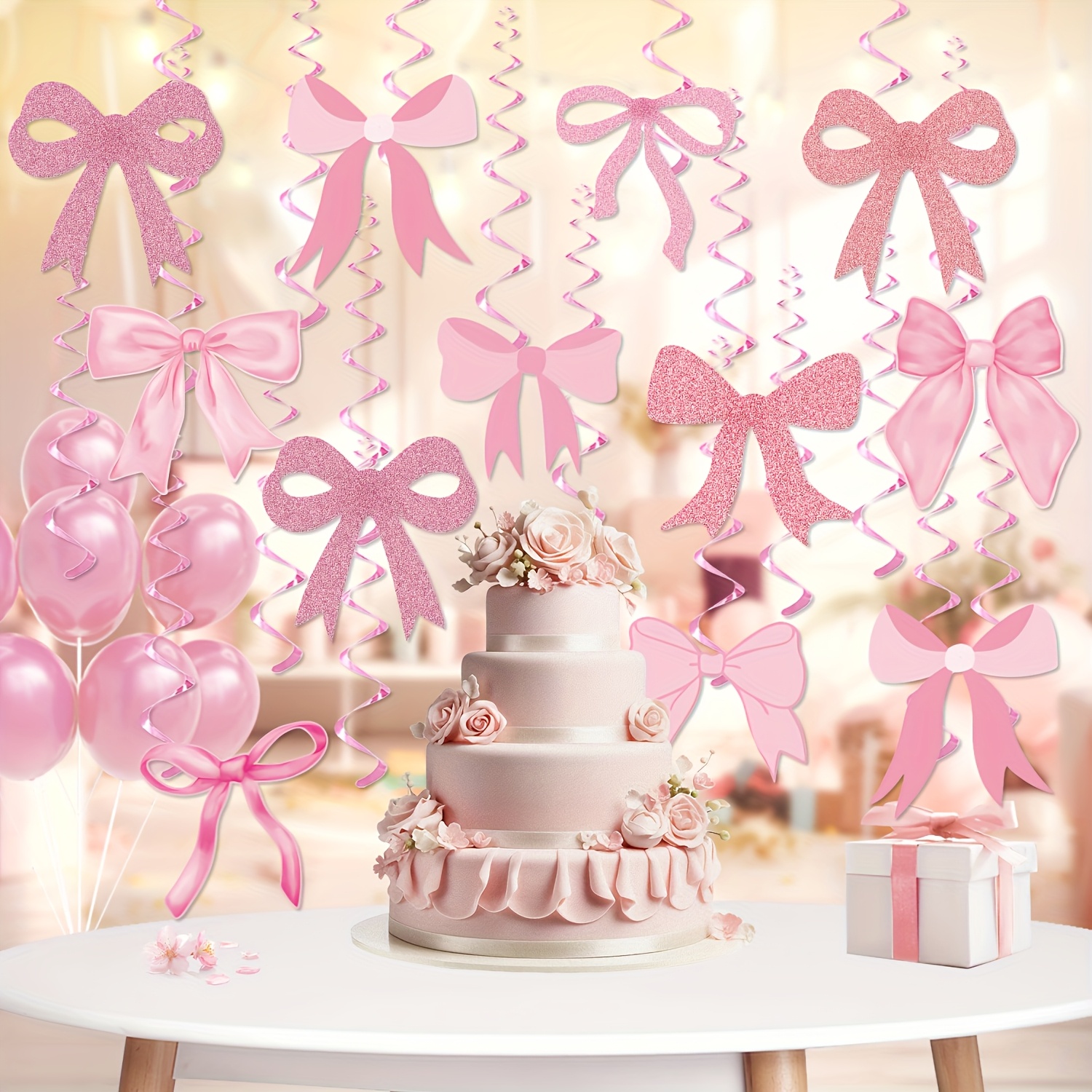 Image of 40pcs Of Party Decoration Streamers, Pink Bow Theme Birthday Party Streamers, Versatile Hanging Swirl Ceiling Decorations, Suitable For High-end Decoration In Birthday Party Settings