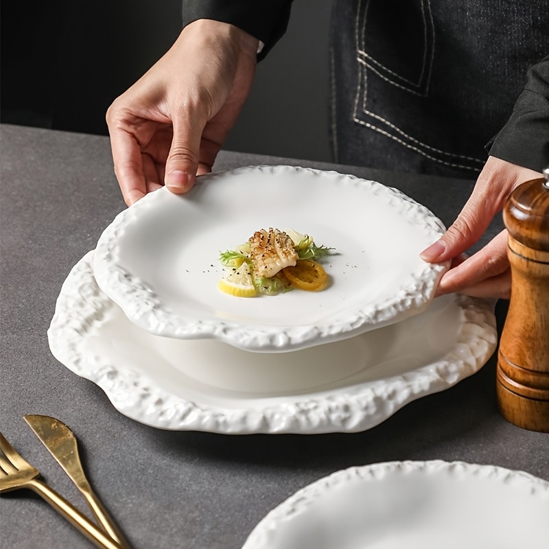 1pc of Shallow Plate with Rock Texture (30.48/25.4/20.32 cm) - Contemporary Minimalist Ceramic Dishware Featuring Rustic Edges for Dining at for home And in Hotels