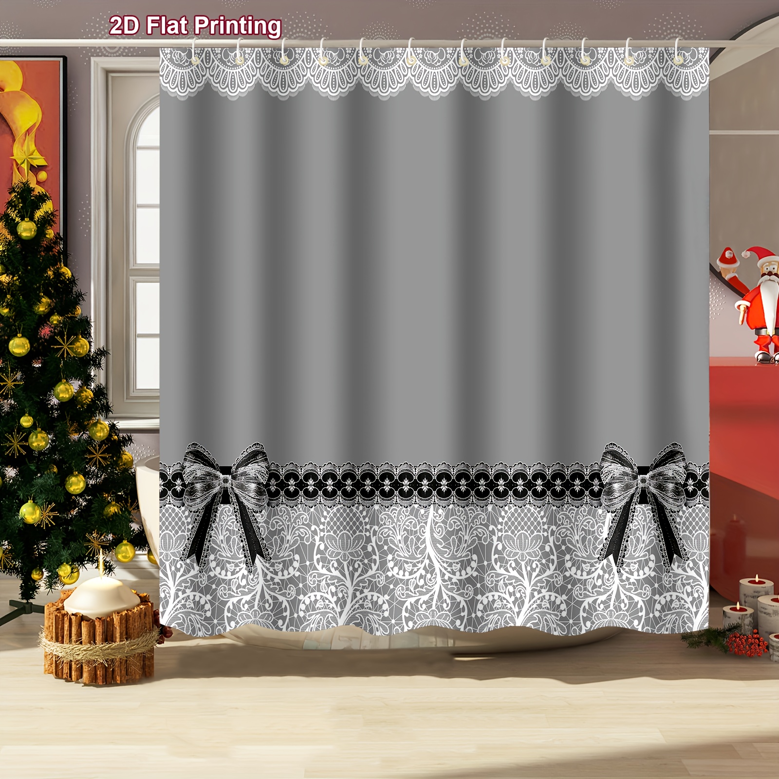 TEMU 1pc Retro Countryside Grey Bow Lace Pattern Printed Shower Curtain, Suitable For Bathroom Decoration, Made Of, Bathroom Decoration